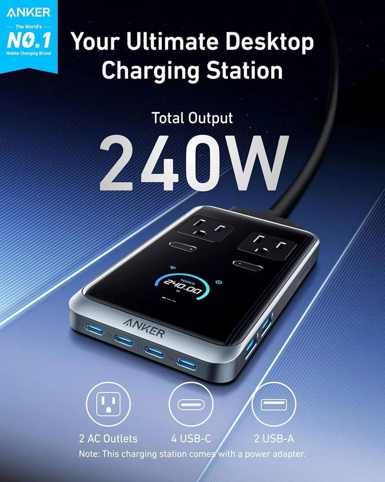 Anker Prime Charging Station 240W 8-in-1 USB C Power Strip 2AC Outlet 5ft|Refurb - Image 2 of 4