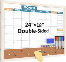 24x18 Dry Erase Monthly Calendar  Corkboard Combo White MDF Frame 