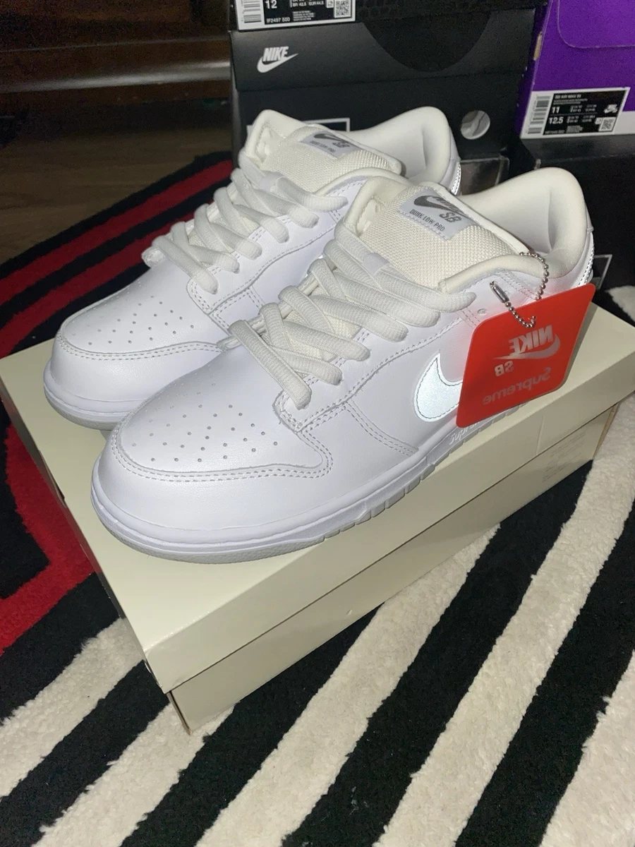 Supreme x Nike Dunk SB Low White Metallic Silver for Sale