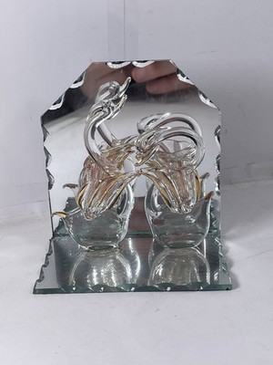 VTG Pair  / Couple Clear Glass Swan Figures Mirror Stand Gold Color Accents Rare