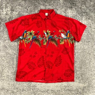 Paradise Collection Hawaiian Shirt Mens Large Red Parrot Print Aloha Beach Camp