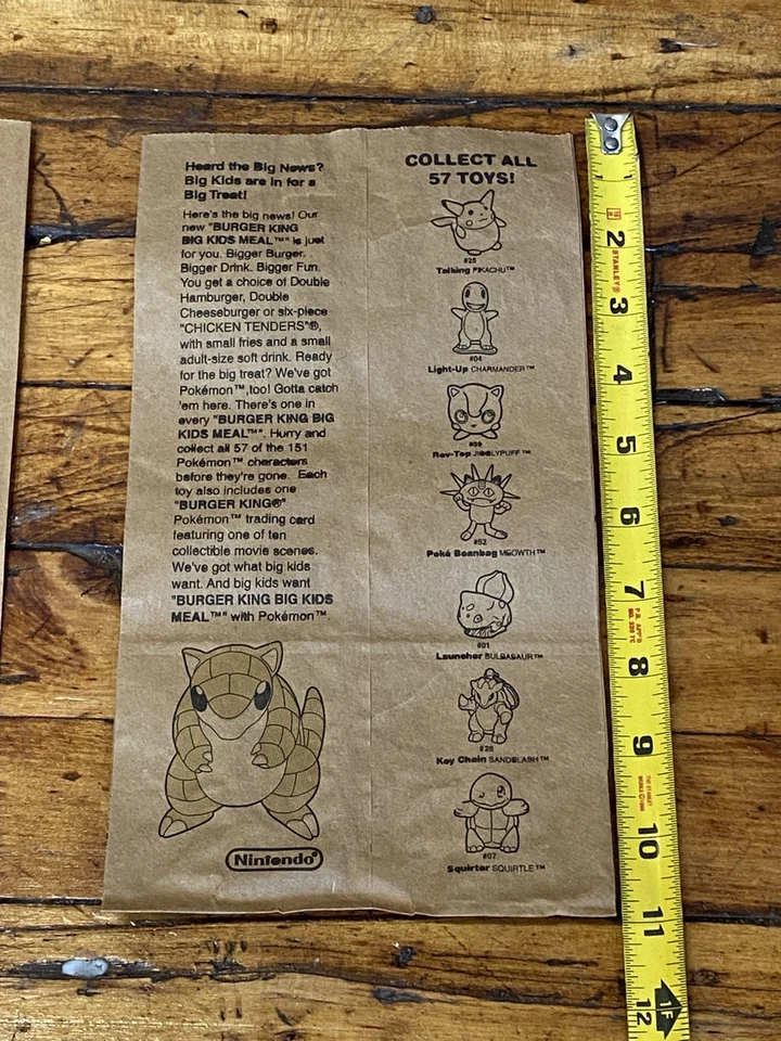 Lote de 4 bolsas de papel de comida vintage 1999 Pokemon Pikachu Meowth Burger King niños Foto 4 de 4