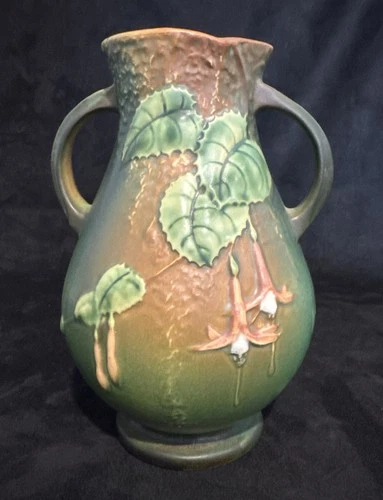 Roseville Pottery Green Brown Fuchsia Vase - 895-7 c. 1930s