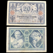 2x 1915 Germany 20 Mark Banknote Great War WW1 WWI Antique Artifact Art Relic
