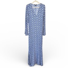Lulus Blue White Mandala Floral Print Maxi Dress Womens L Boho Modest Romantic