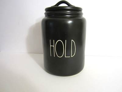 Rae Dunn Black, White Writing  ''Hold'' Canister, Jar 9 12'' H X 6'' W (Box)