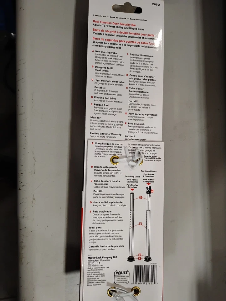 MASTERLOCK Dual Function Door Security Bar NEW - Image 2 of 3
