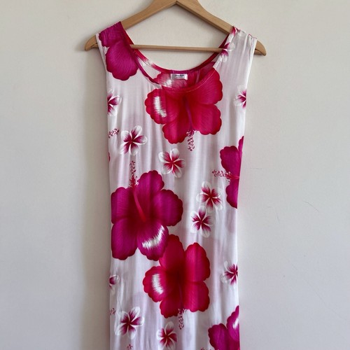 y2k hawaiian dress Pink midi floral tropical Boho Summer Frangipani Hibiscus - Picture 9 of 14