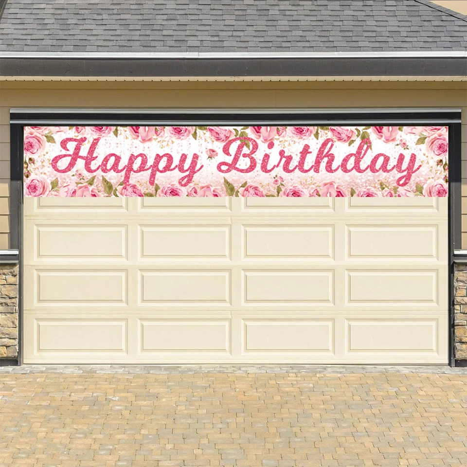 Hoja Verde Rosa Rosa Flor Feliz Cumpleaños Decoraciones Fiesta Garaje Decoración Banner Foto 3 de 4