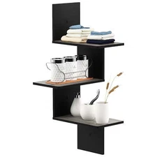 3-Tier Wall Floating Corner Shelf, French Oak Grey/Black