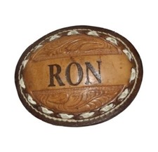 Vintage Genuine Tooled Leather Belt Buckle Ron Personalized Western Cowboy