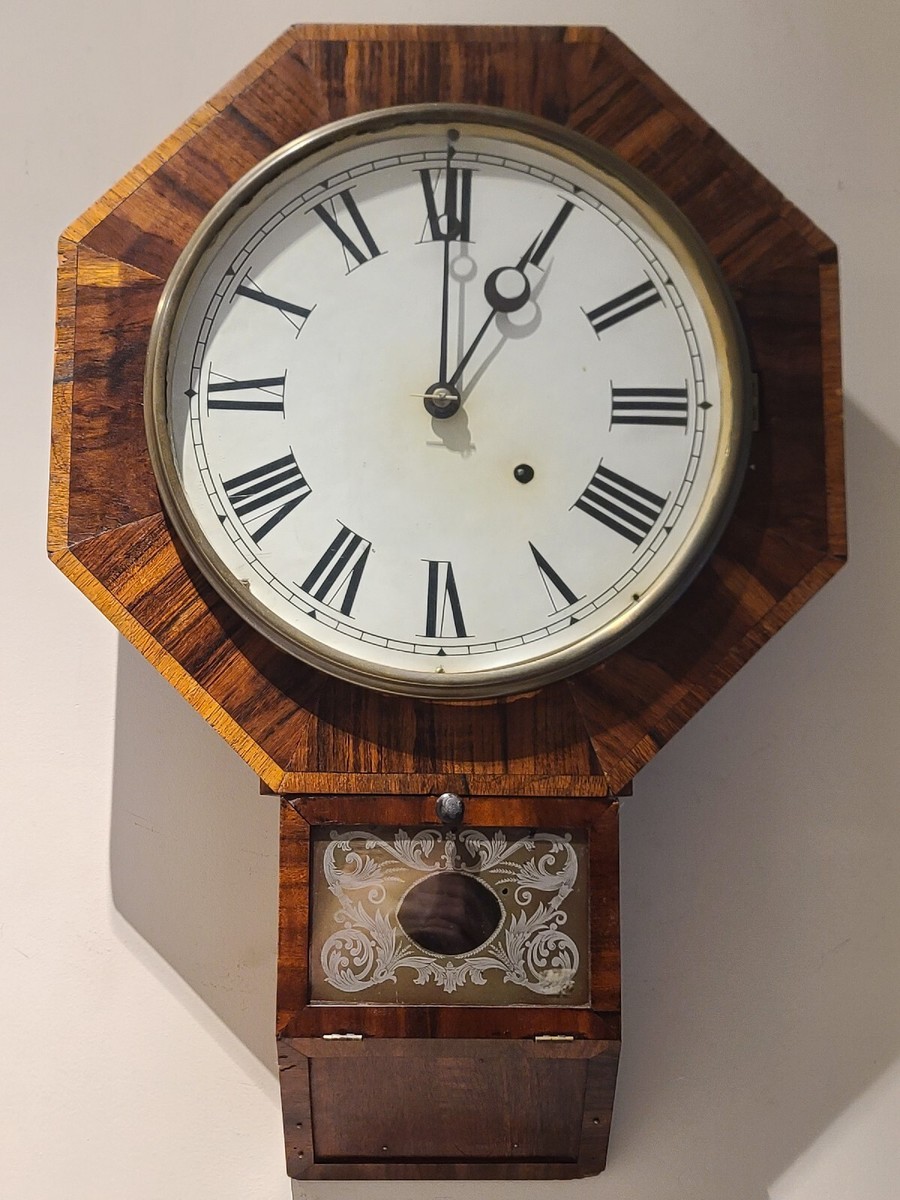 Antique 1890 WELCH Octagon Short Drop Rosewood School Regulator Wall  Clock - Main Image