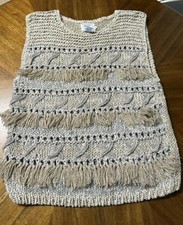 Vintage Hand Knit Sweater Vest Fringe Neutral Colors Boho Granny Size Medium