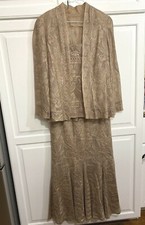 Damianou 3 piece formal outfit, skirt, shell, jacket, light brown w gold, size S