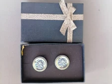 BUTTONS, Set of 2, with shank. Metallic floral design. Approx 1.6cm. Boxed, new