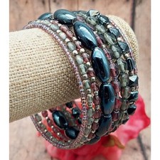 Boho Beaded Memory Wrap Bracelet Multi Strand Purple Silver Gunmetal Bead Hippie