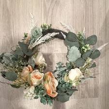 Artificial Floral Wreath with Peach Roses, Eucalyptus, Green Cream Decor