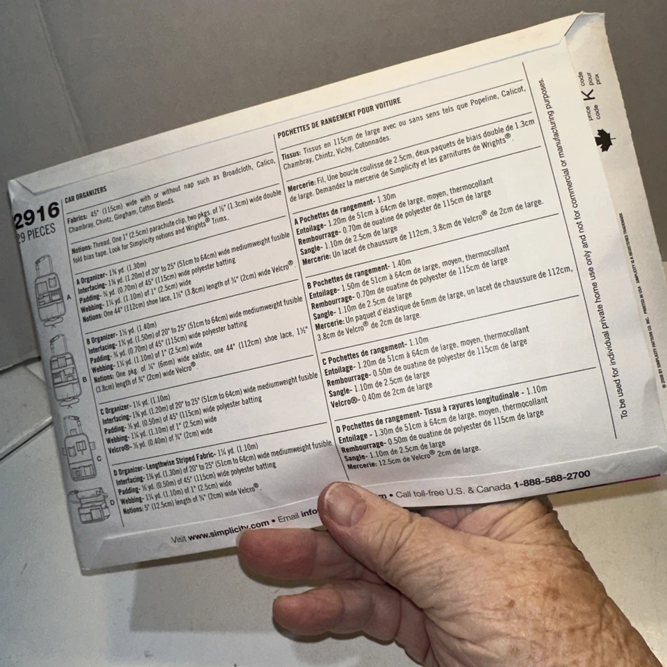 SIMPLICITY 2916 Sewing CRAFT PATTERN CAR Truck ORGANIZERS NEW UNCUT - Image 3 of 4