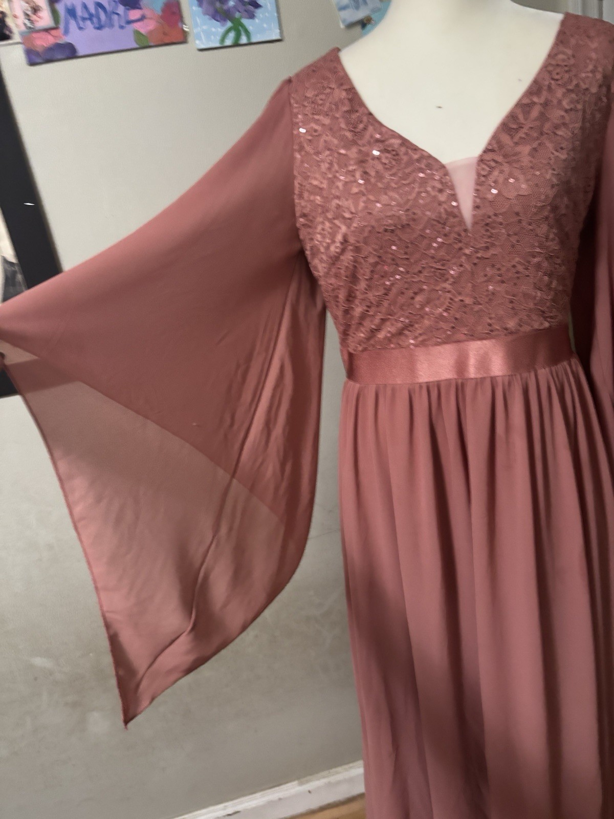 Dusty Rose Chiffon Maxi Dress with Sequin Lace Accents and Flared Long Sleeves