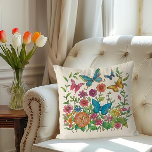 Spring Pillow Covers 18x18 Inch Watercolor Butterfly Flowers Decorative Throw - Picture 2 of 6