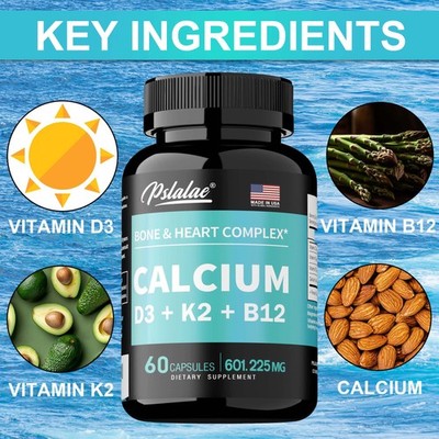 Calcium Capsules - with Vitamin D3, K2, B12, Immune, Bone, Muscle, Heart Health