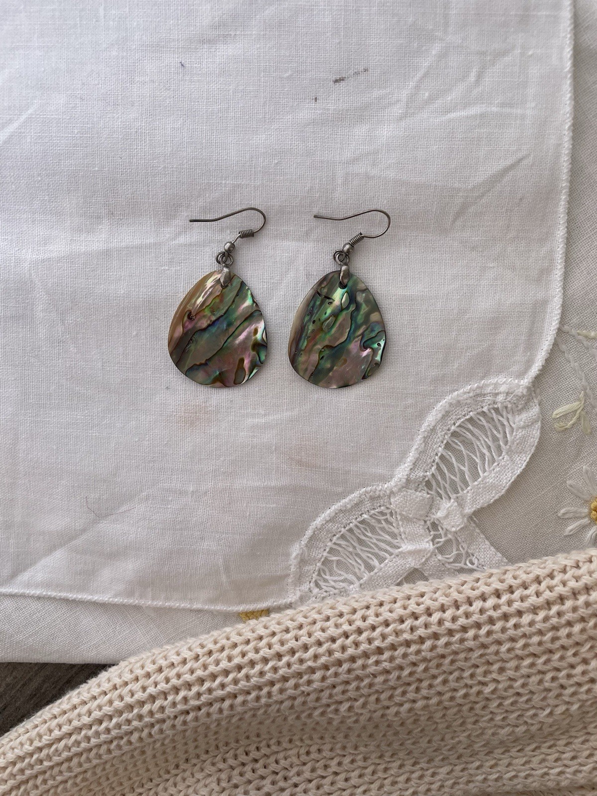 Sterling Silver Abalone Shell Dangle Earrings, Fl… - image 1