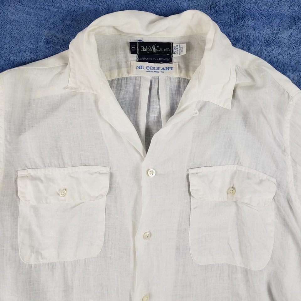 Camisa Ralph Lauren Vintage Mujer 10 Blanca 100% Lino Abotonada Largos Slv Bolsillos Foto 4 de 4