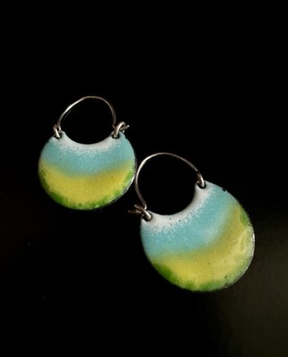 Fun Copper Enamel Hoop Earrings 925 Sterling Wires Green Yellow Artisan