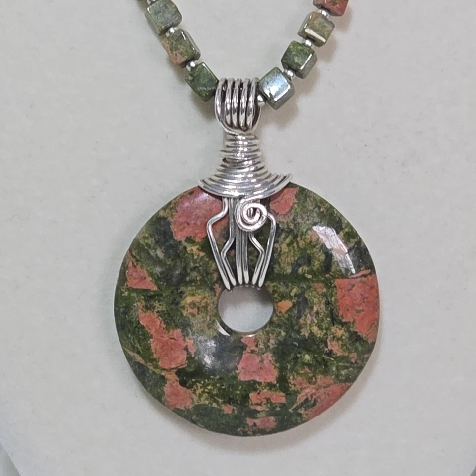 Collar Unakite Piedra Natural Boho Natural Artesanal Occidental Foto 2 de 4