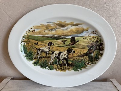 Bone China Sheridan Platter Oval 13  Plate Hunting Scene Pointer Dog Pheasant