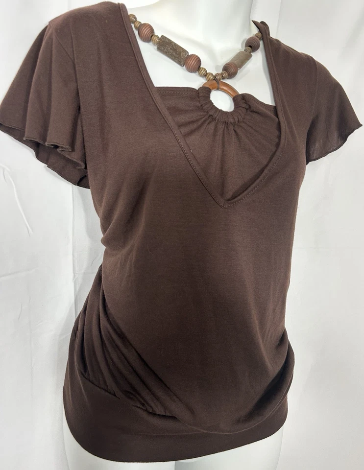 JKLA Y2K Bubble Top Women XL Halter Wood Bead Brown Boho Forest Fairy Grunge USA - Image 3 of 4