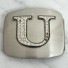 Rhinestone Studded U Letter Initial Monogram Silver Tone Belt Buckle