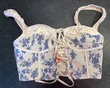 CIDER LACE-UP CAMI CROP TOP Bodice BEIGE Blue Floral Medium