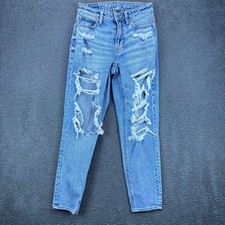 American Eagle Mom Jean Stretch Light Wash Distressed Blue Denim 00 Short Short
