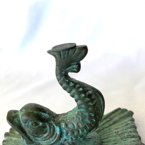 Vintage MCM Koi Fisch Messing Bronze Patina Sockel Kerze Schwimmlampe Dekor - Bild 7 von 11
