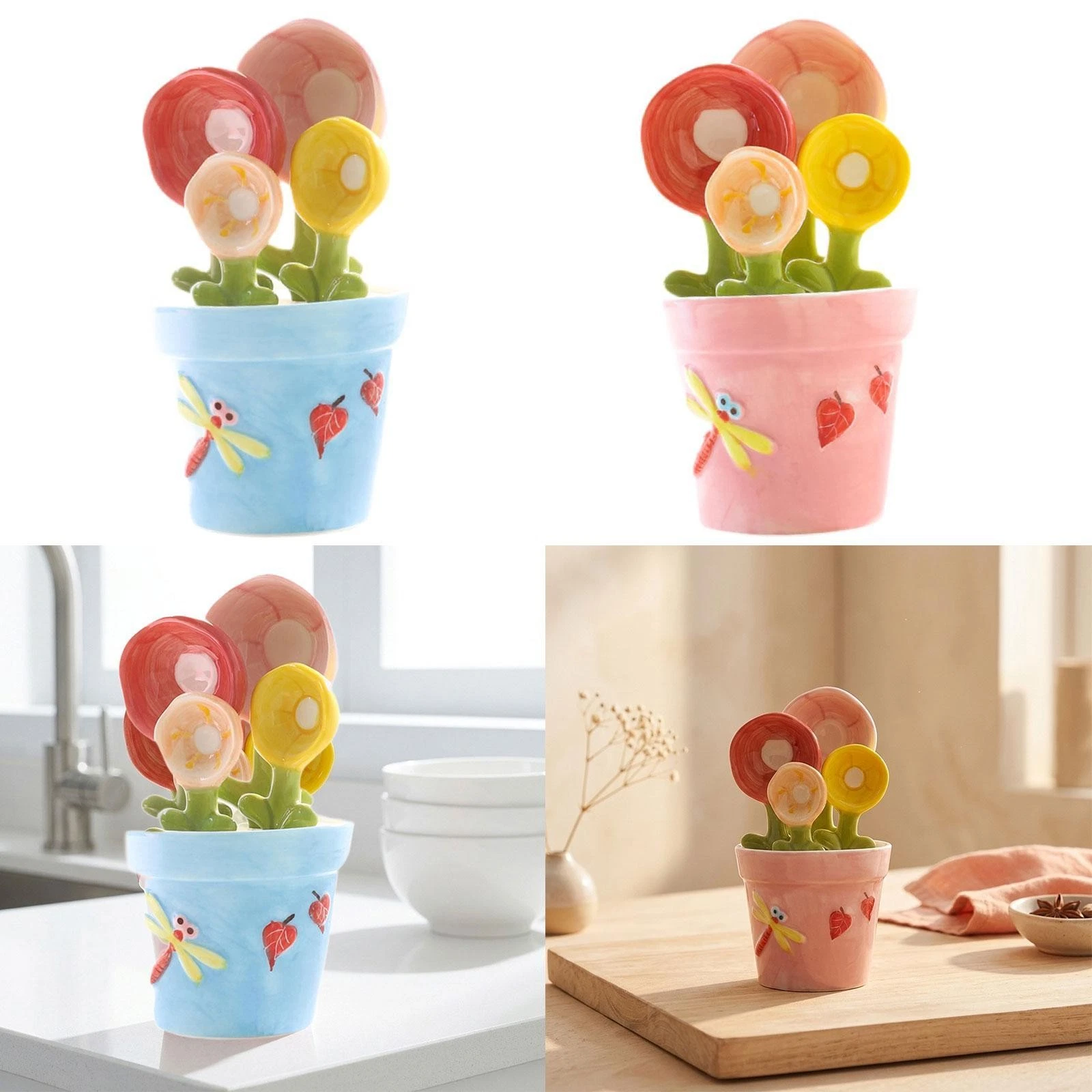 4x Kitchen Utensils with Holder Cup Ceramic Measuring Cups Set Measuring Spoons