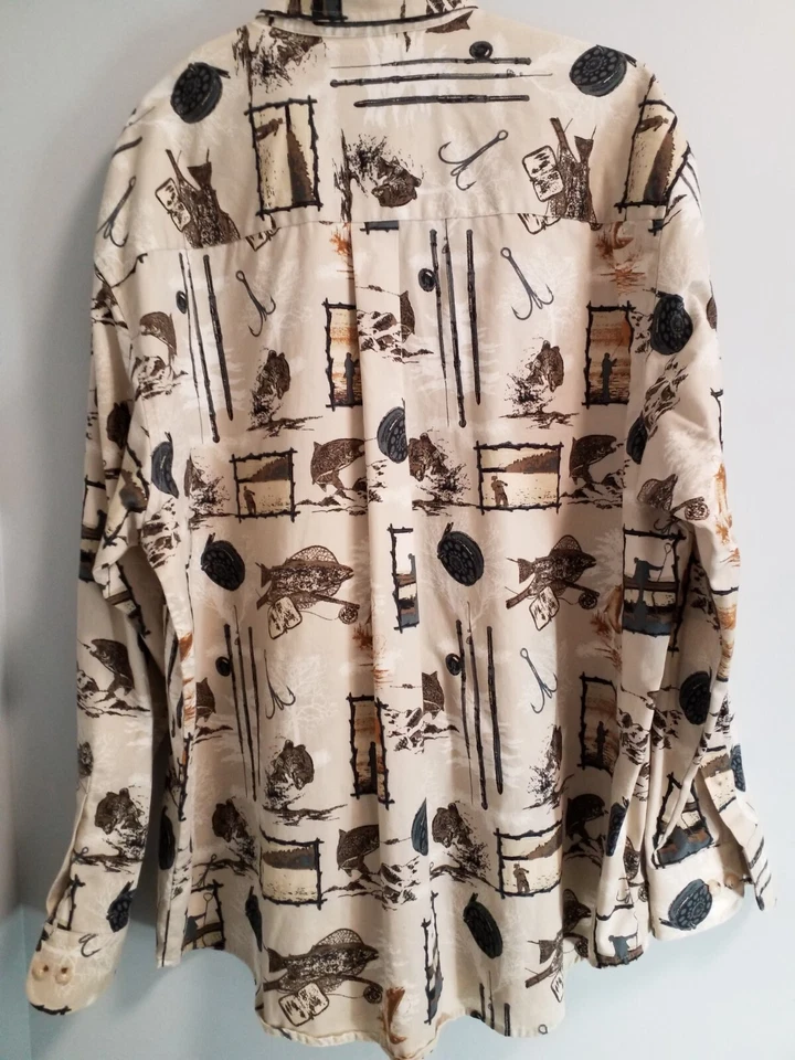 Рубашка на пуговицах повседневная мужская Natural Issue с рыбьим принтом для улицы хлопок размер XL желтовато-коричневая - Изображение 3 из 3