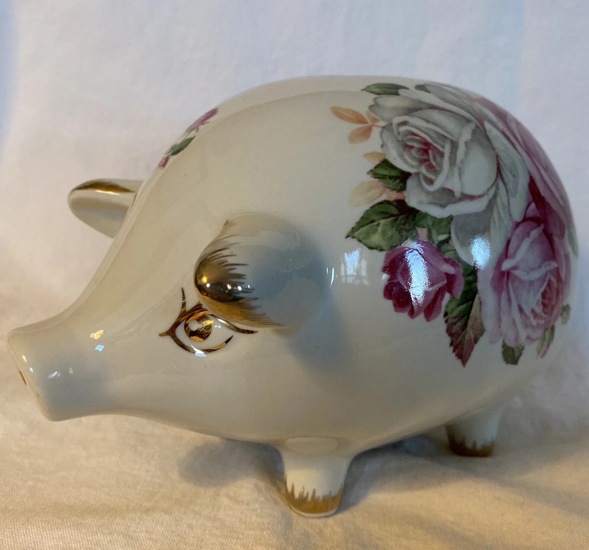 White Floral Porcelain Piggy Bank Red White Roses Gold Trim ADORABLE