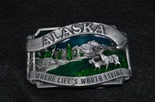 Alaska Siskiyou 1993 Belt Buckle R-20 Pewter with color in background ..