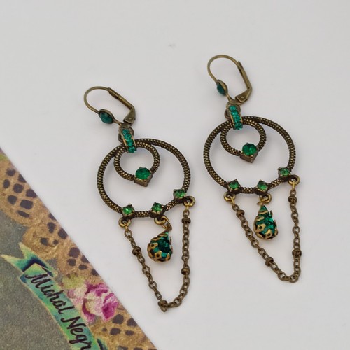 Michal Negrin Earrings Hoop Green Crystals Chain Long Dainty Statement Deco Gift - Picture 11 of 16