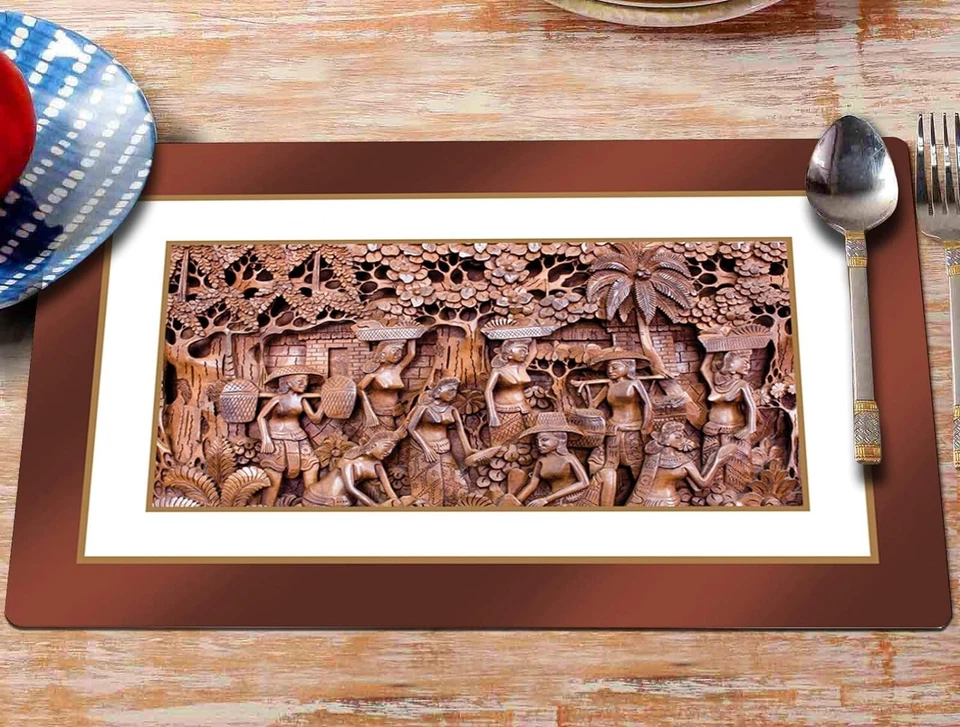 Plastic Wooden Print Dining Table Place Mats Brown 6 Mats US - Image 3 of 3