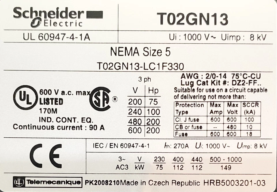 Schneider Electric T02GN13 Power Contactors T36GN13G7* 270A, 200HP at 460VAC - Image 2 of 4