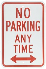 Metal Sign - No Parking Anytime with Arrow, 8" x 12", Red on White