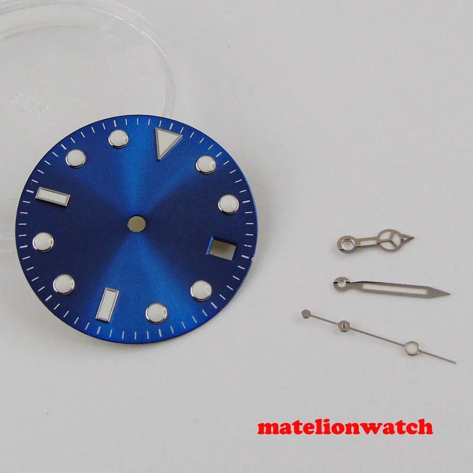 Reloj 28,5 mm azul estéril esfera con manecillas ajustadas movimiento NH35 NH35A azul luminoso Foto 3 de 3