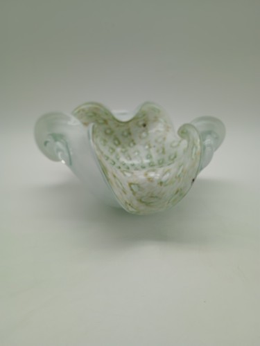 Antique MuranoHandBlown ArtGlass Bowl WhiteWithBubbles Gold Flecks 8"W 8"D 3.5H - Picture 3 of 14