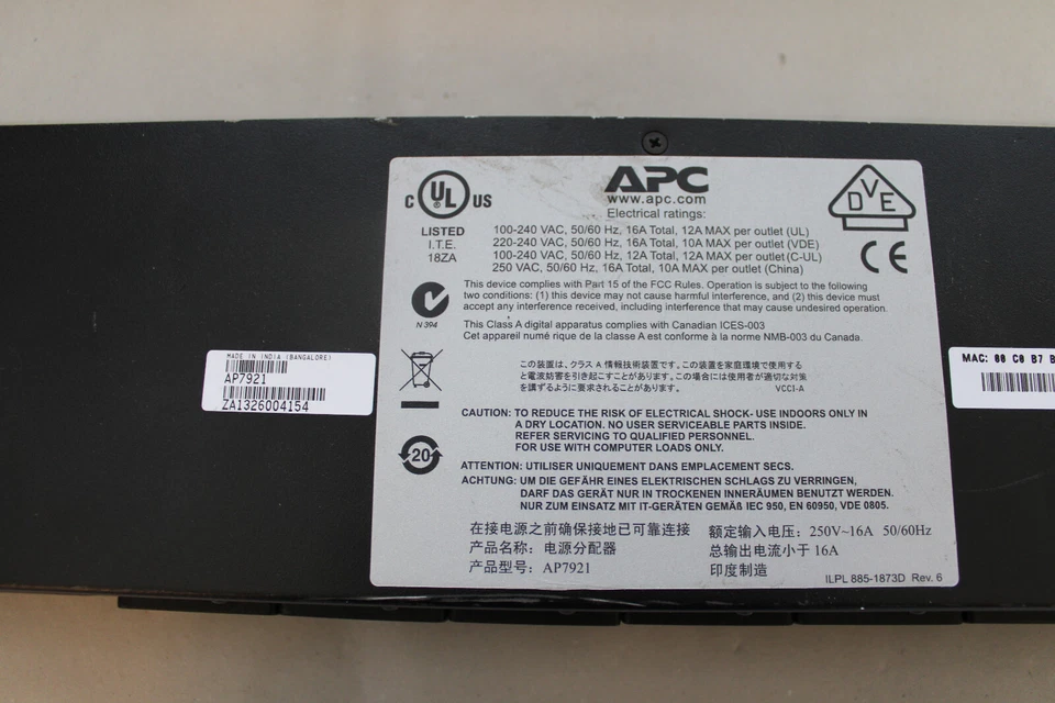 APC Switched Rack PDU AP7921 mit Schaltfunktion 1 HE 16 A 208/230 V 8x C13 - Bild 2 von 4