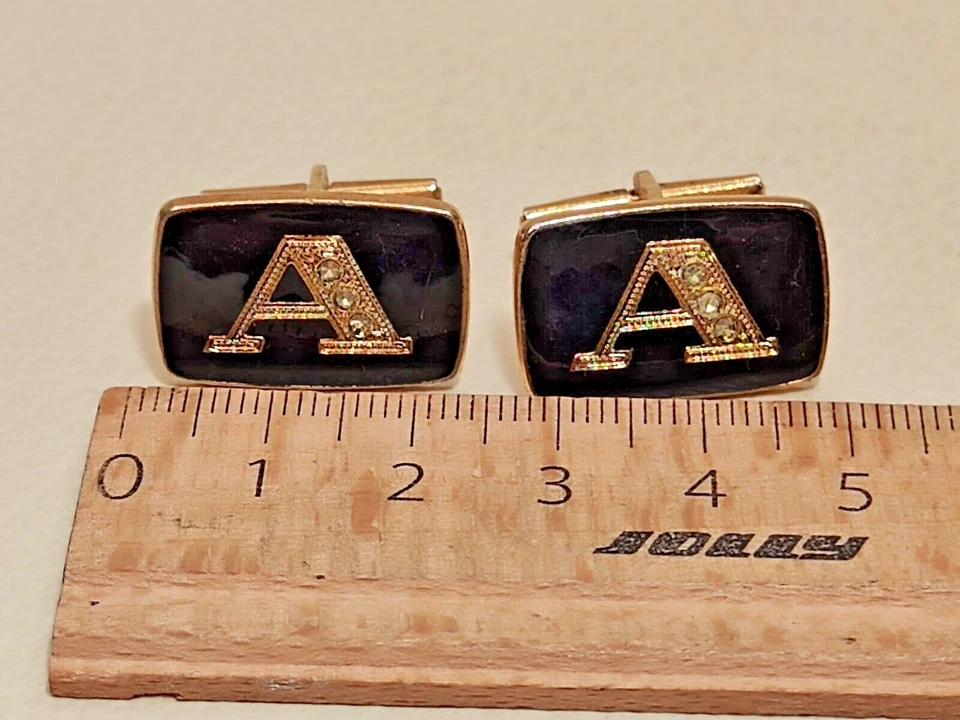 A Monogram Initial Letter Font Name Vintage SWANK Cuff Links-2 TONE GOLD BLACK - Image 2 of 4