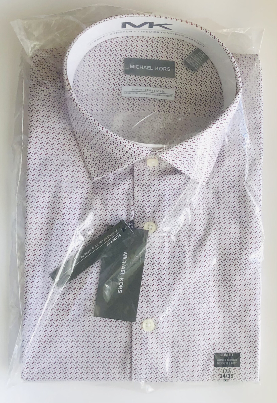 Michael Kors Men SlimFit Dress Shirt White/Wine Print LongSleeve XL