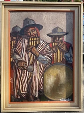 Oil painting musician band signed expressionist antique instruments