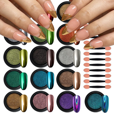 16 Colors Chrome Nail Powder, Iridescent Aurora Powder Metallic Mirror Effect Pi